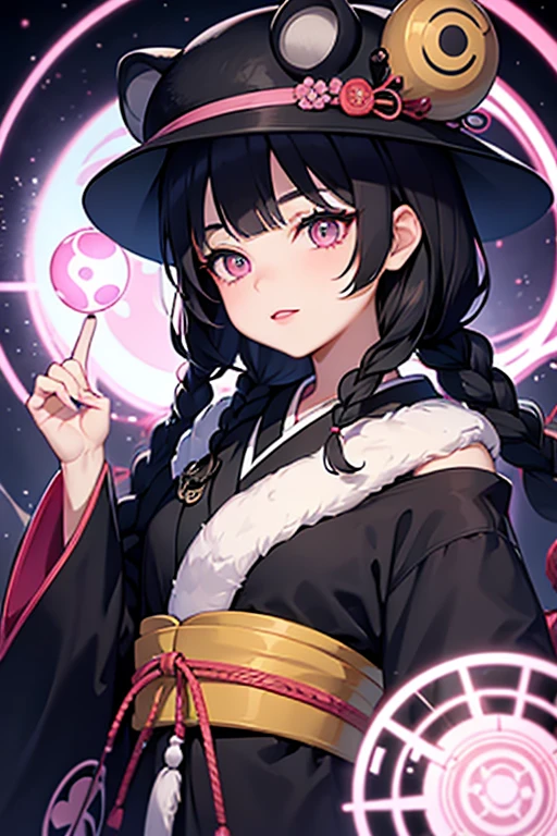 Raccoon dog hat ,long black braids,amber-colored eyes,Baby Face, pink lips, blue gorgeous Japanese kimono , with a magic circle floating on his hands,