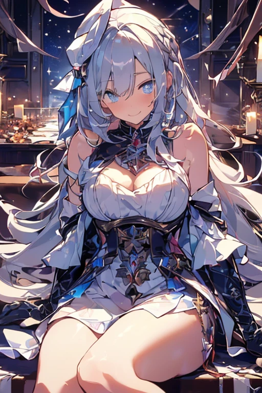 (from below:1.2),((1girl, silver hair, long hair, qutel blue eyes, beautiful eyes, pretty smile:1.5, ), ( off-shoulder dress, sweater dress,, santa hat, black tights, santa boots), (((holding ominous japanese sword:1.1 ))), ((battlescene,slashilg,killing the mafia,blood splash)), (outdoor, party room, christmas party), ((masterpiece:1.5)), ((best quality:1.5)), (ultra-detailed:1.5), (cinematic lighting, cinematic posing), (goddess smile:1.1),(with sparkling eyes and a contagious smile),her thin pubic hair:1.2, off-shoulder dress, sweater dress, Purplish blue eyes that dreamers desire, small stature, medium , Lori face, (masutepiece:1.2, Best Quality), (finely detailed beautiful eye: 1.2), (beautifull detailed face), (perky chest:1.2), (pointed chest:1.1), (bra magazine cover:1.3),(with sparkling eyes and a contagious smile),her thin pubic hair:1.2, looking at viewer