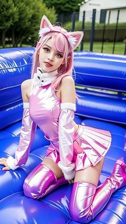  teenager with pink hair, slim model, Latex BH  ,  pleats latex skirt pink,  latex arm warmer ,  knee-high latex boots, Cat ears, bouncy castle  ,  realistic , 