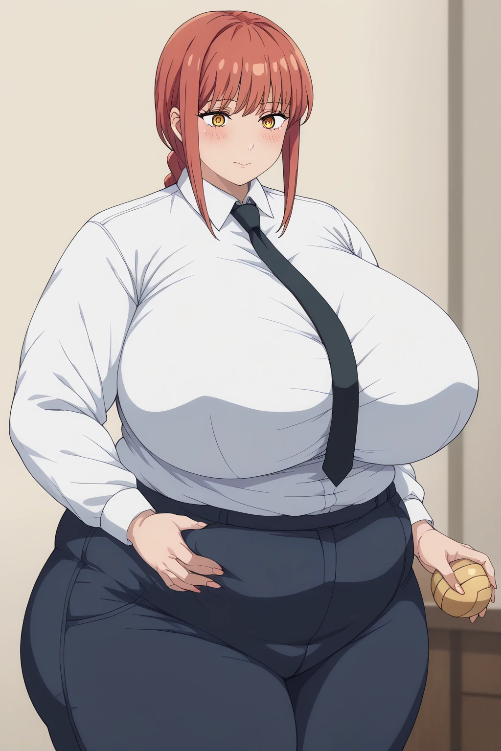 Makima, makima,  long hair、bangs、 shirt、 Long Sleeve , yellow eyes, white  shirt、 braided 、 thighs、Red Hair、 ties, collared  shirt、 black pants 、 window、black  ties, embarrassed expression, troubled expression,  giant areolas, futanari , Woman with a penis, gold ball,The shape of the penis is written on the pants, score_9, score_8_ up、 score_7_ up、 score_6_ up、 score_5_ up、 score_4_ up、 Masterpiece 、 top quality 、 very aesthetic、 absurd, source ,  anime screencap, one woman、Alone、 personal , Super huge breasts, ((( super huge clevis、Super huge, Super huge boob))), Curvy、 chubby、Mature Woman,  obese 、