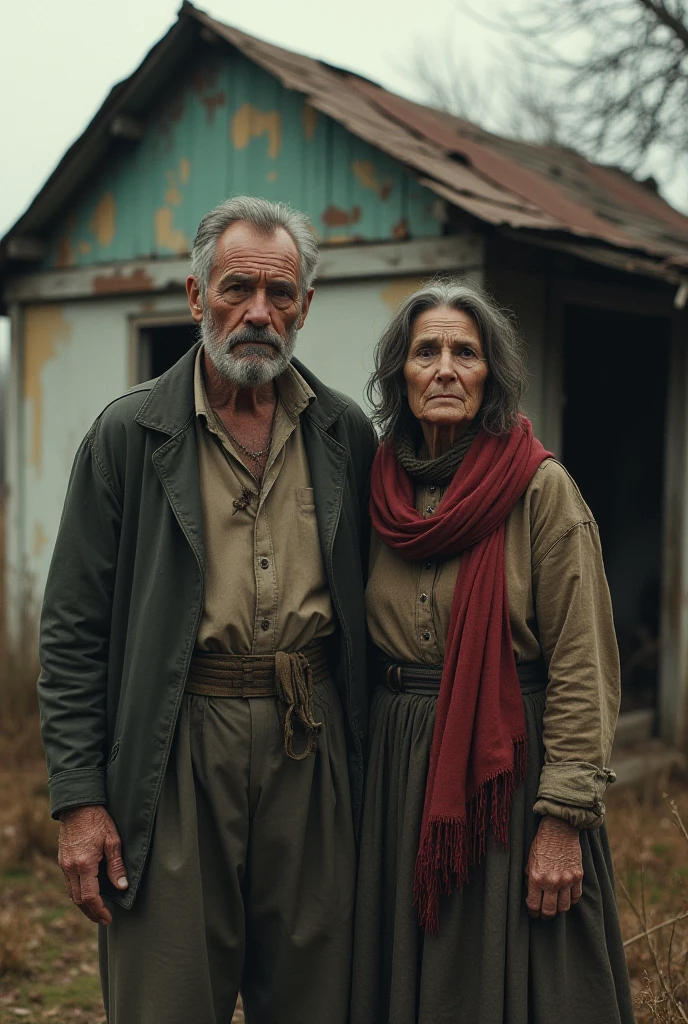 A man stands in a dilapidated house next to his old mother