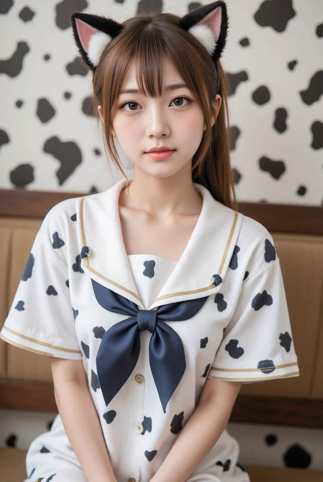 Masterpiece, 8k, Photorealistic, Raw photo, top-quality,Beautiful Japanese women ,
japanese high-school girl with light brown Ponytail hair and natural makeup, sitting and wearing a Cow pattern school uniform and Cat ears, with fluffy fur accents, Cow pattern painted background wall, Closeup,
(Plump breast:1.5), (From below1.3),