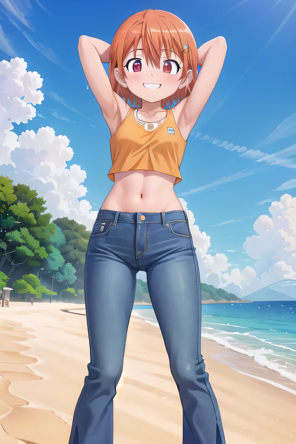 masterpiece,best quality,ultra detail,1girl, 14yo, petite, ((round face, ecstasy, orgasm face, drooping eyes, shame smiling, blush)), dropping eyes, sleepy, background((under the beach, (day:1.2), under sand beach, bright sky)), takenouchi_sora, short hair, orange hair, red eyes, arms behind head, contrapposto, spread armpits, looking at viewer,, Yellow bikini shirt, Yellow crop top, (jeans pants:1.2, flares jeans:1.2, skinny jeans:1.2, blue jeans:1.2), standing, (legs spread:3:1), dynamic pose, Sweaty crotch, Steam from the crotch, from below, full body