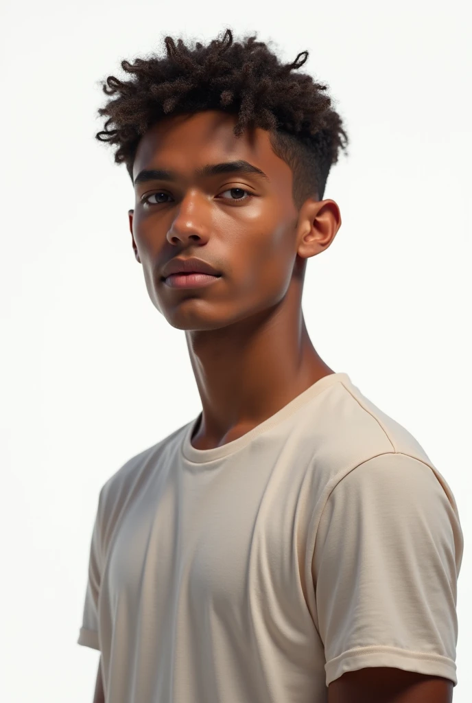 Straight brown skinned man black hair afro green eyes size large skinny cargo beige white t-shirt