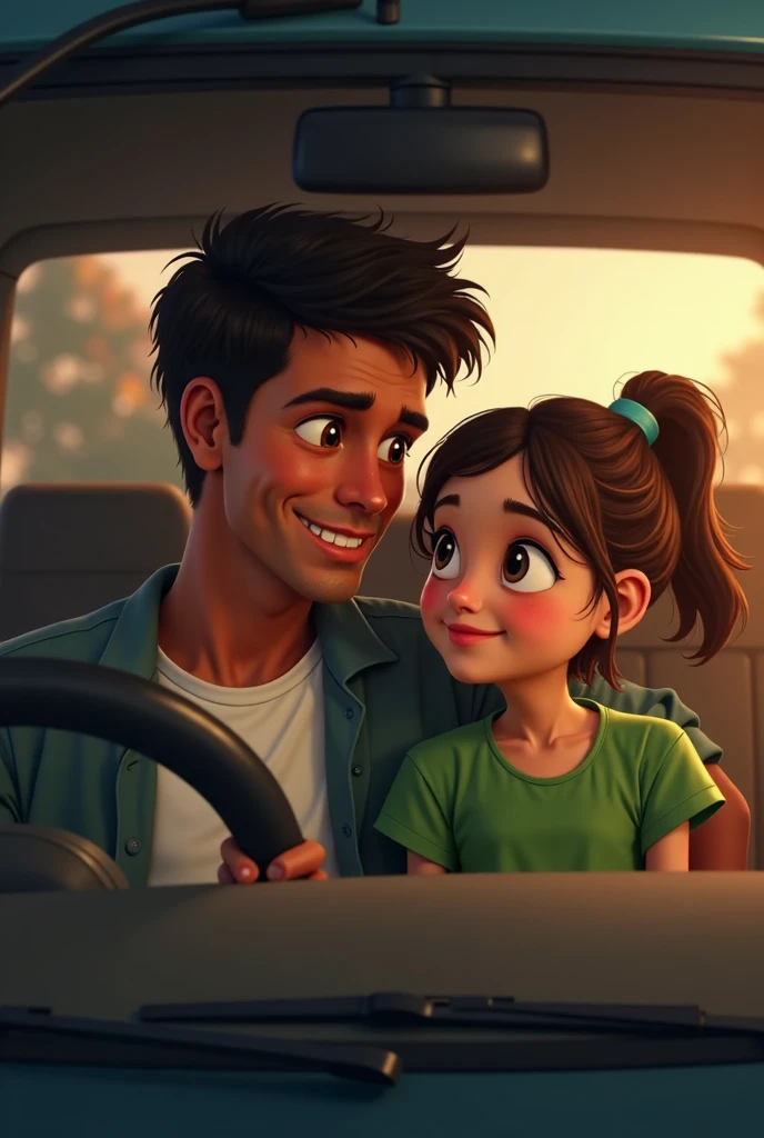 a girl with shoulder length black hair, green dress and a red ribbon in her hair with a 40-year-old father in a white shirt and jeans holding the steering wheel of a car and, 3D cartoon style, cinematic