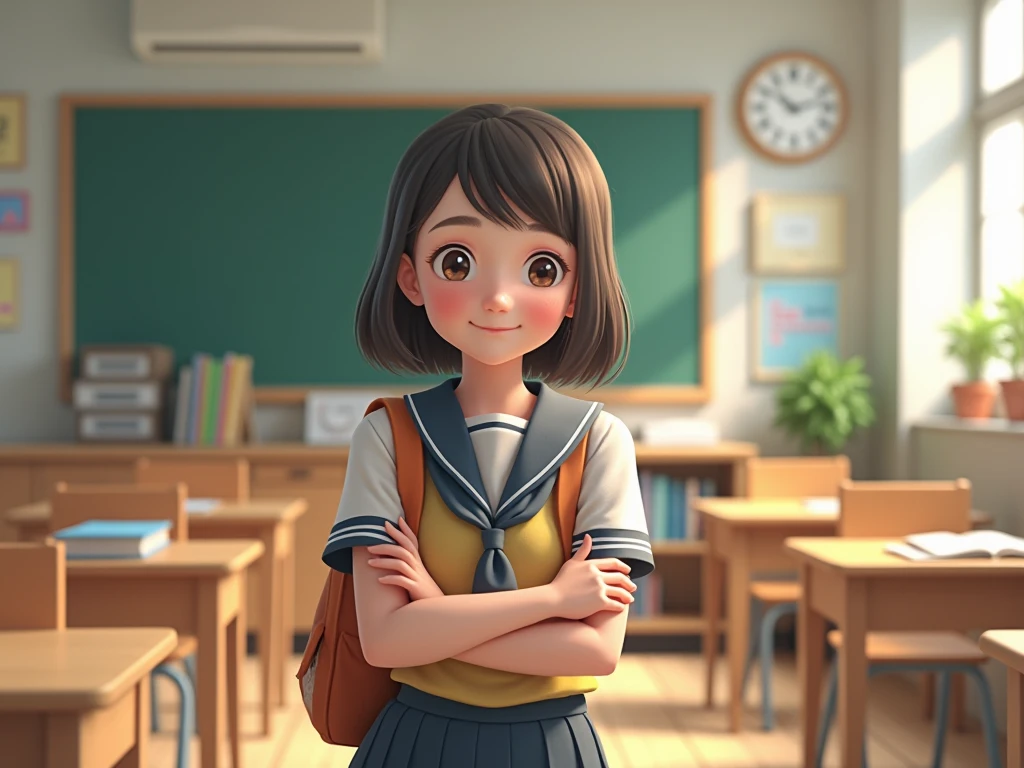 A girl in a high school classroom,The last row by the window,Looking out the window,Wearing school uniform,Smiling happy expression,Cartoon 3D style,