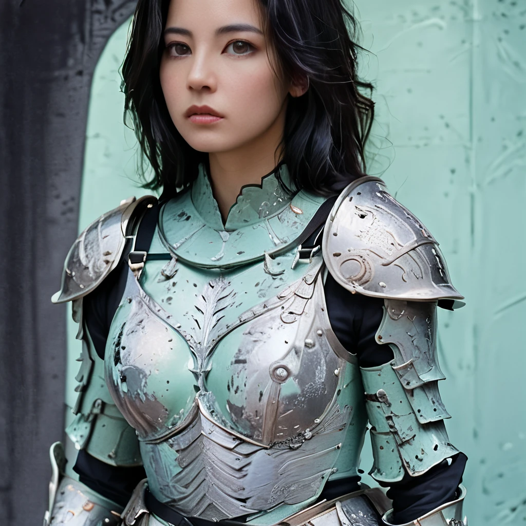 Female warrior, fearsome, brave, add "ABSTRACT" printed on the chest of armor, [Scenery, Dark and plain background, ambient lighting], Black colored hair, Mint-green knight armor, Highest quality, anatomically correct, detailed face, details, add text "abstract" on chest of armor, 