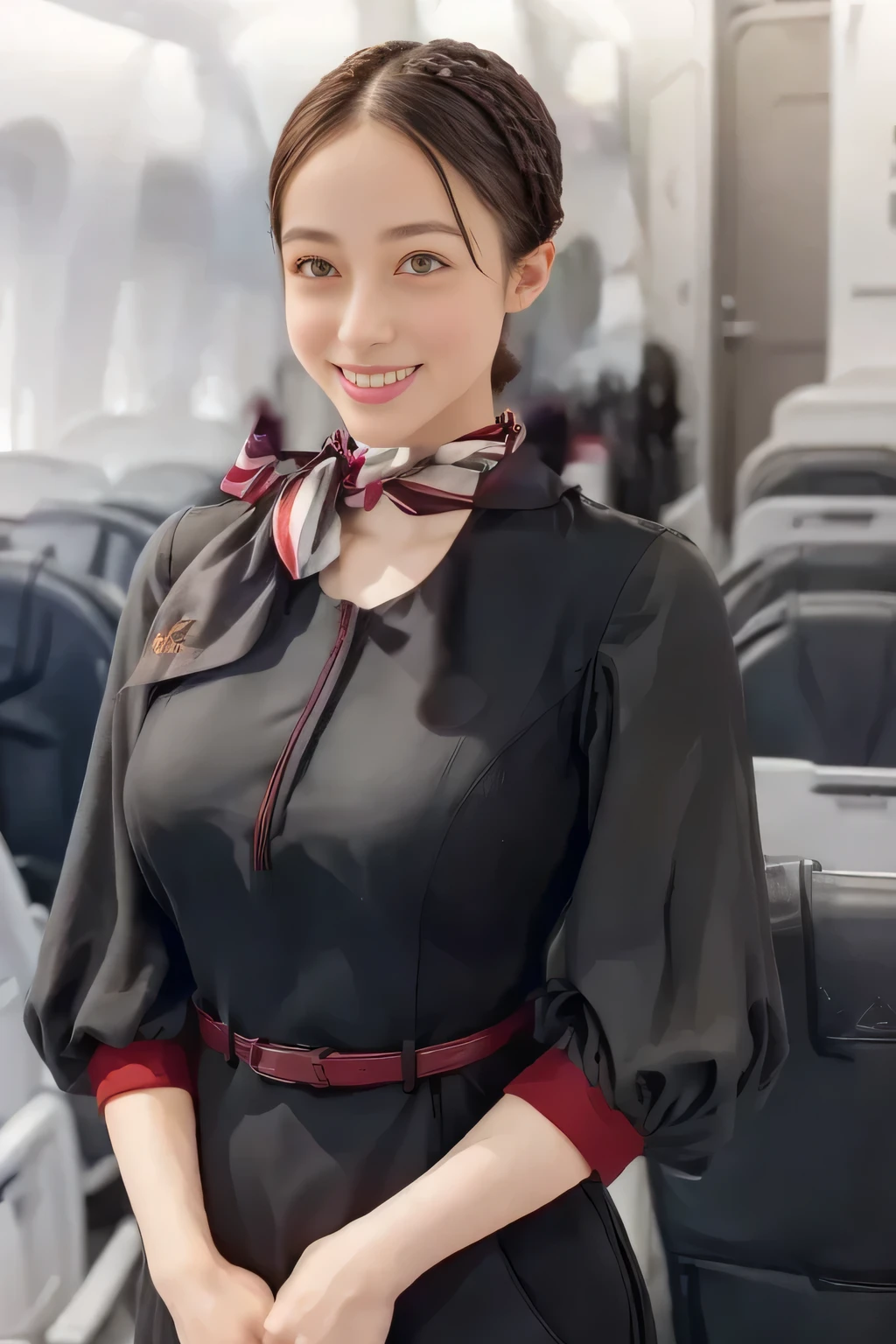 (masterpiece:1.2,  top quality :1.2), 32kHDR,  high definition  , (Alone、  1 girl)、（ on board）、In-flight background、（  wearing a JAL flightattendant uniform  ）、（（ short sleeve jumper skirt in a JAL flightattendant uniform {x} JAL flightattendant uniform 、Red belt wrapped around the waist  、 Scarf around the neck ））、  dark brown hair  、（  Super Long Hair Wrap Hair、Braid Wrap Up Hair ）、 、 long hit 、Big Breasts、Thin legs、（（ amazing hands：2.0）），（（ harmonious body proportions ：1.5）），（（Normal limbs：2.0）），（（Usually ：2.0）），（（ Delicate eyes：2.0）），（（Normal eyes：2.0））)、smile、（ beautiful standing figure wearing a JAL flightattendant uniform  ）、Hands folded under the body 