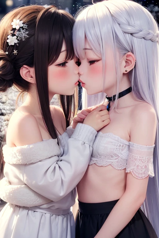 Two girls hugging, Very long hair, naked, kiss, hug from behind,full length, Front angle,