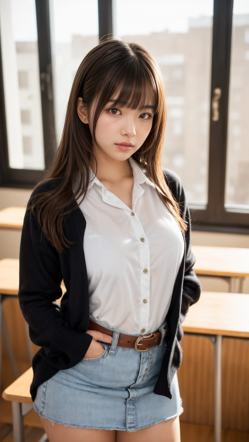masterpiece, best quality, illustration, Super detailed, fine details, High resolution, 8K,wall paper, perfect dynamic composition,(Details High quality, realistic depiction of eyes:1.3), from side, High School Classroom、High school girl uniform、blazer 、Super Short Check Uniform Skirt、Navy blue high socks、garterbelts、plump breasts, Disturbed uniform, (updo:1.2), black hair color, large breasts, Big Natural Color Lip, bold sexy pose, (perfect body shape), crying a little、20 year old girl、cute type, beautiful legs, hposing Gravure Idol, Voluptuous thighs
