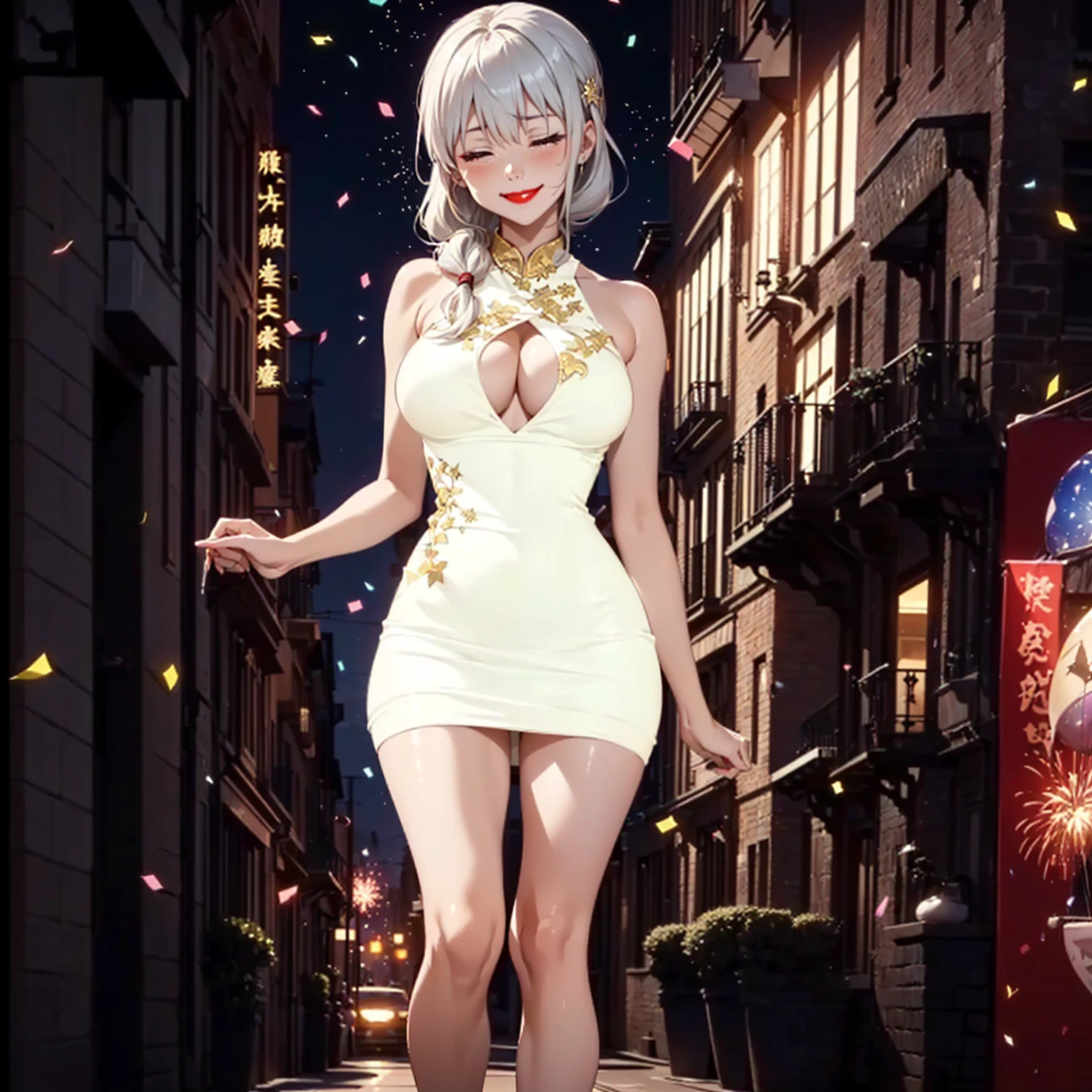 ((1 girl, Alone, alone, (uzaki tsuki, closed eyes, closed eyes, white hair, tied hair, long hair, big breasts, big bust), by the wide, Physical aptitude)), ((Alone, (1 woman, smug), extremely detailed, Soft ambient lighting, 4k, Perfect eyes, a perfect face, perfect lighting, a 1 girl)), ((Physical aptitude, , well formed body, athletic body, toned body)), ((white dress, dress with gold embroidery, lace dress, high heels, silver, new year, new year's eve, fireworks, 2025, happy new year, happy 2025, new year's party, window, night, stars, balloons, new year decoration, terrace, buildings, skyscraper, balcony, smug, party, confetti, smug smile, fireworks, red lipstick, cleavage, nickline))