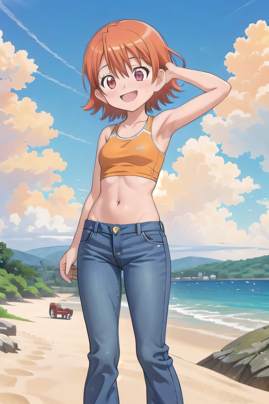 masterpiece,best quality,ultra detail,1girl, 14yo, petite, ((round face, ecstasy, orgasm face, drooping eyes, shame smiling, blush)), dropping eyes, sleepy, background((under the beach, (day:1.2), under sand beach, bright sky)), takenouchi_sora, short hair, orange hair, red eyes, arms behind head, contrapposto, spread armpits, looking at viewer,, Yellow bikini shirt, Yellow tank top, (jeans pants:1.2, flares jeans:1.2, skinny jeans:1.2, blue jeans:1.2), standing, (legs spread:3:1), dynamic pose, Sweaty crotch, Steam from the crotch, from below, full body