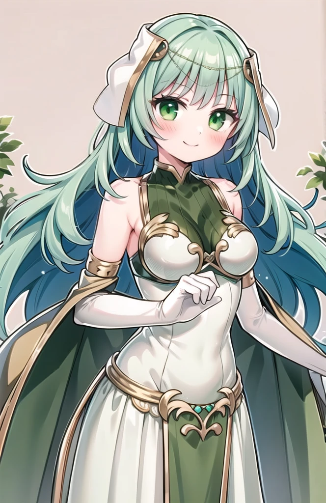 Nelliel has hazel eyes and long, waving green hair. She is tall, fully-grown, curvaceous, and well-endowed.
A scar runs across her face, and she has pronounced lower canine teeth.
Her gown is torn into a skirt and a top, connected with a single strip across her abdomen.
The skull mask she wears differs slightly from her form; it appears sharper and less cartoonish, with a pair of curved horns.
A large “3” tattoo on her back indicates that she was the former 3rd Espada1.