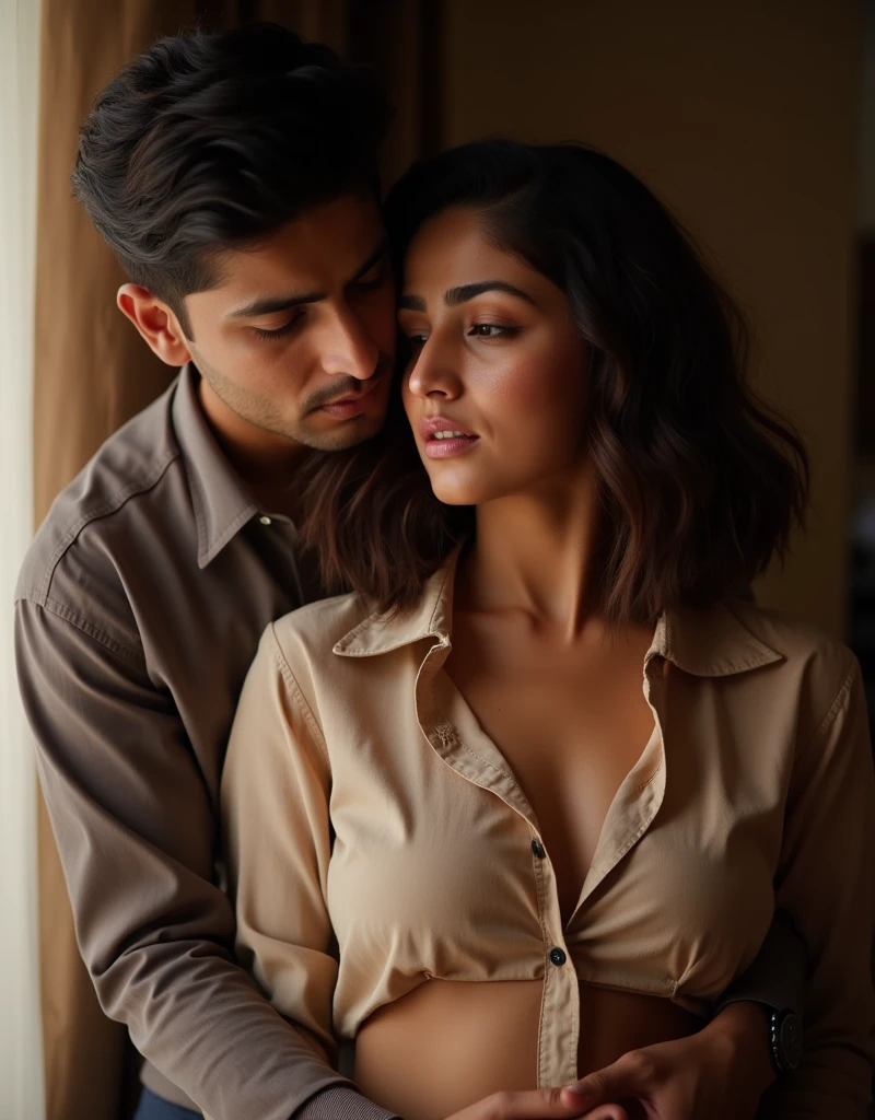 closeup, realistic, uhd image, rich indian brother and indian sister come back from school and have secret affair, nipples seen, nsfw, brother squeezing sister's breast, boob squeeze, brother hugging from behind, sister facing camera, secret relationship, brother wearing school uniform, sister wearing school uniform deep neck front open shirt, school uniform, inside indian home