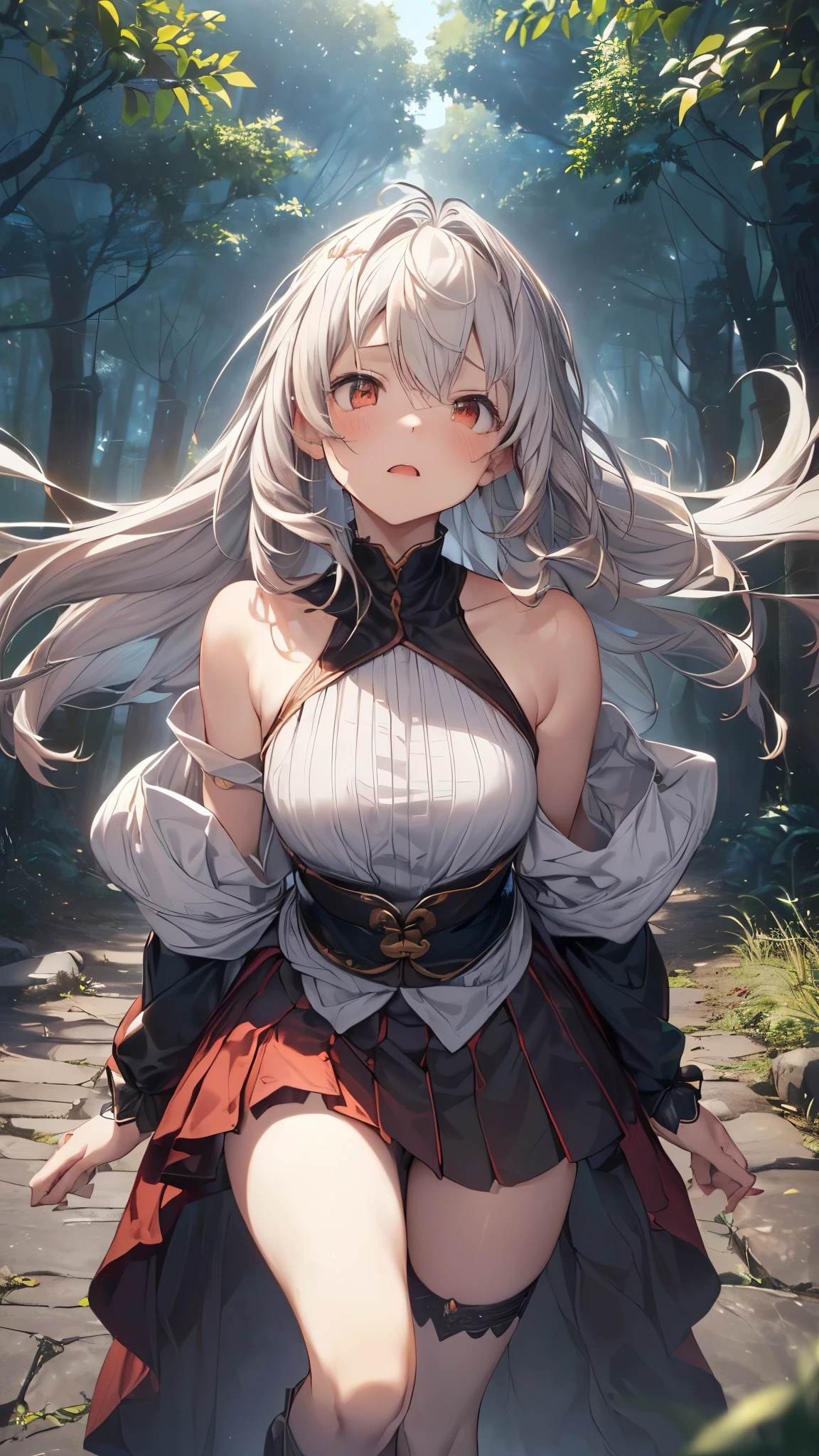 1girl, cat ears, twintails, collarbone, choker, bangs, ribbon, x hair ornament, very long hair, bare shoulders, sitting, white hair, red eyes, miniskirt, white dress, detached sleeves, shibari, bell, outdoors, tree, mountainous horizon, small breasts, ribbon trim, full body, closed mouth, barefoot