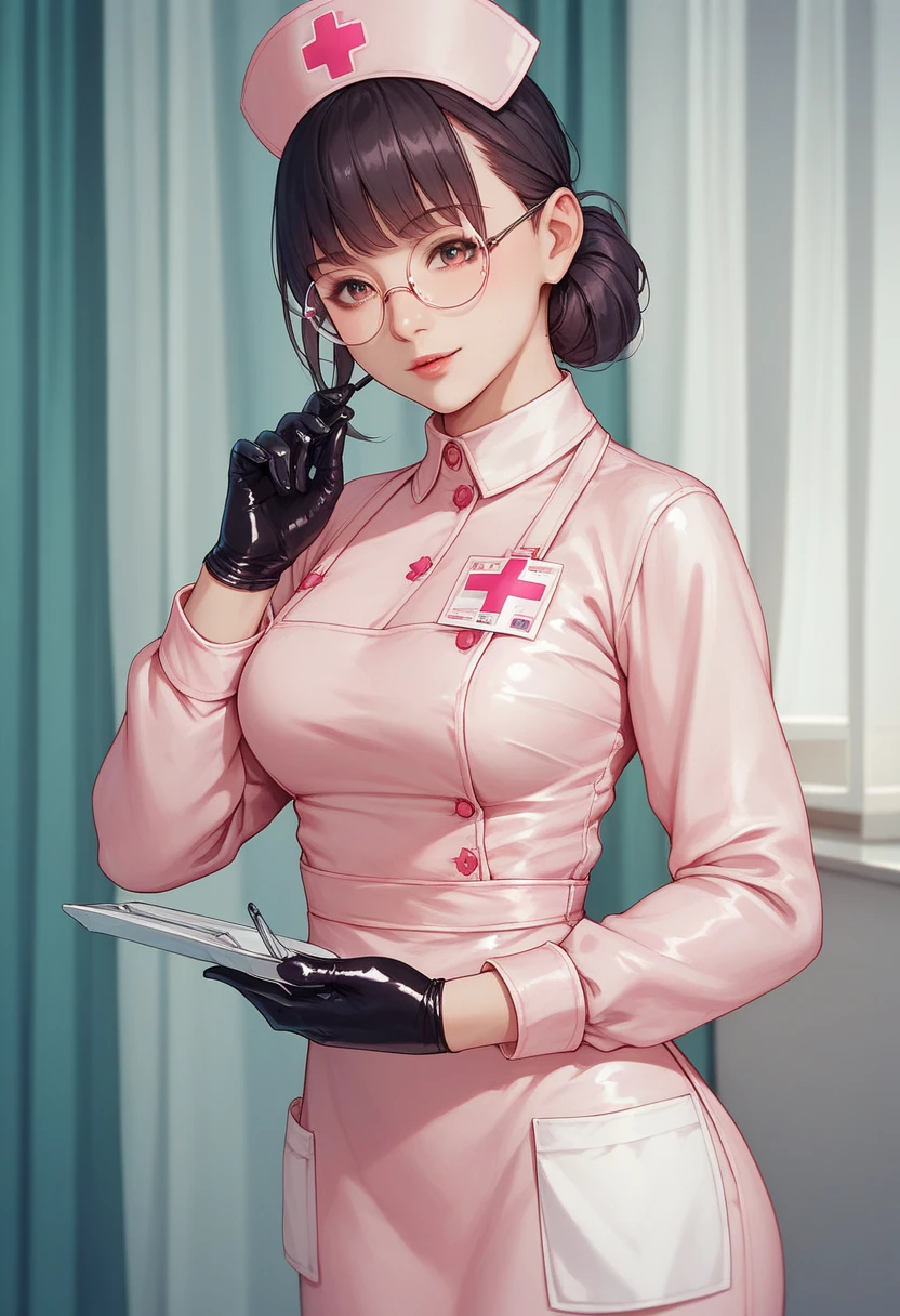 A mature woman with glasses and black hair in a white coat wearing pink rubber gloves is smiling and holding a penis in the examination room
