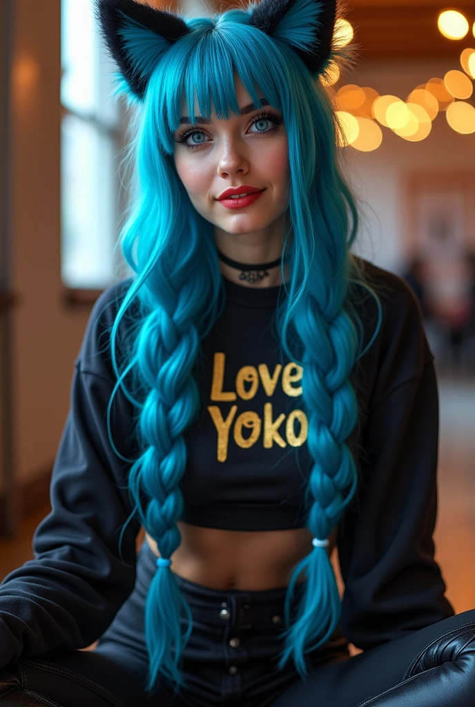 Full body shot of an asian woman wearing colorful streetwear that says "Unikawa Araso", White shoes, with long colorful dreadlocks, box braids, colorful pigtails, lisa frank style, colorful!!!, posing for a stylish photo shoot candid, she is happy and smiling, teal long braided hair, bright color, bright color, with aqua neon dreadlocks, multi-colored, lisa frank style, colorful hair, turquoise pink and green, outdoor background, photorealistic, ultra high definition, 16K