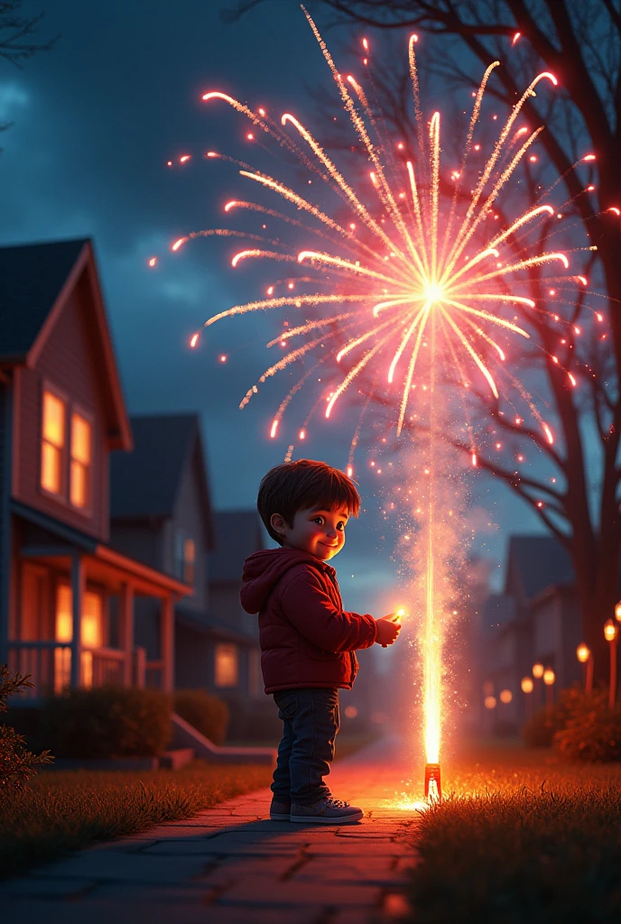 A boy with disheveled hair, Holding fireworks in hand,lit fireworks,white  shirt,Opened two buttons,The expression is serious front view image Senior man construction master with small mustache and short hair holding in his right hand with big finger up and in the other hand holding a metal trowel in blue uniform with large pocket strap, yellow boots and helmet