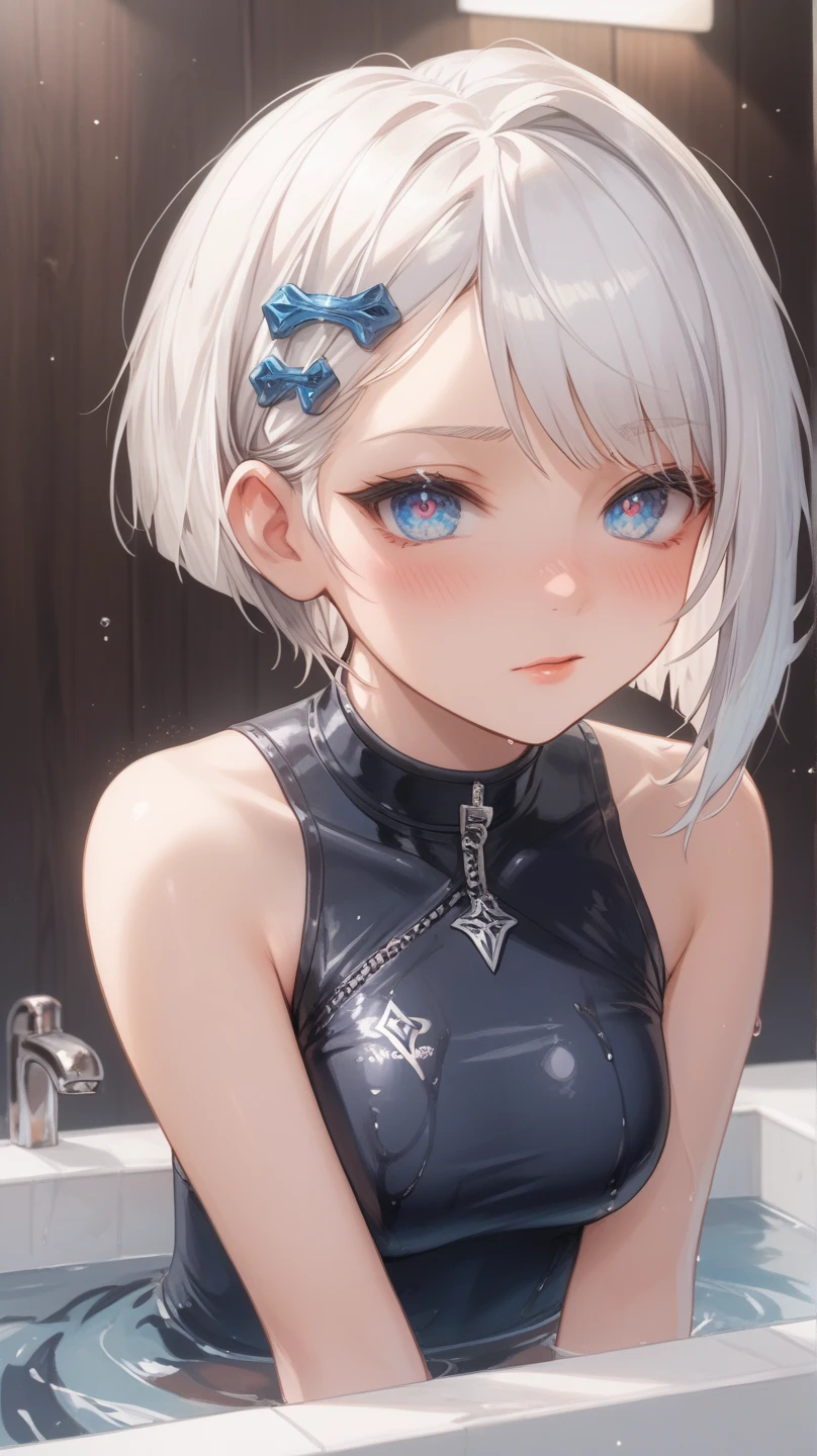 cumshot、facejob、((大きいペニスを顔に押し付けてsemenを浴びる女性))((masterpiece、Super detailed、High resolution))、glare、No expression、toilet、 sweaty face、look of contempt、Shame、Completely naked、silver hair、restraint、short hair、semen
