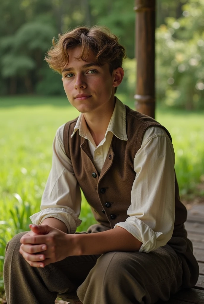 Thirteen-year-old boy, brunet, Cyan eyes, pale skin, On the bridge of the river