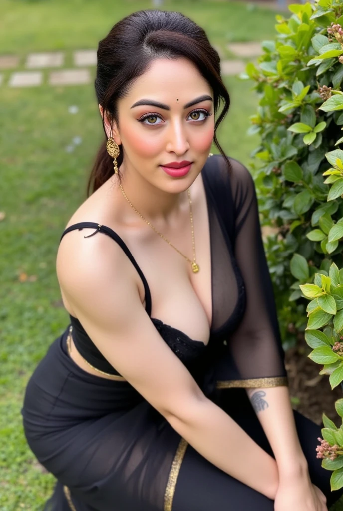 indian model from top view wearing semi black sari and top with  breast open big breast, big cheeks, red Hollywood lips, squatting near shrub in a garden, hourglass figure, armpits, (blue eyes:1), ponytail, necklace, 22