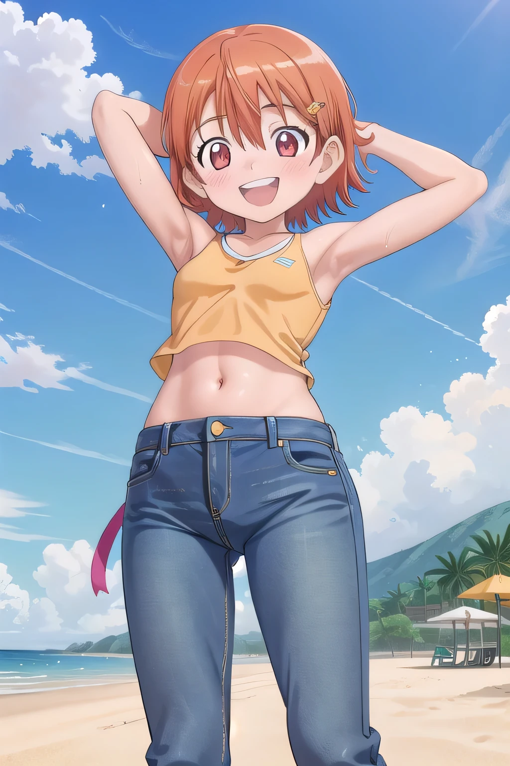 masterpiece,best quality,ultra detail,1girl, yo, pee, ((round face, ecstasy, orgasm face, drooping eyes, shame smiling, blush)), dropping eyes, sleepy, background((under the beach, (day:1.2), under sand beach, bright sky)), takenouchi_sora, short hair, orange hair, red eyes, arms behind head, contrapposto, spread armpits, looking at viewer,, Yellow bikini shirt, Yellow crop top, (jeans pants:1.2, flares jeans:1.2, skinny jeans:1.2, blue jeans:1.2), standing, (legs spread:3:1), dynamic pose, Sweaty crotch, Steam from the crotch, from below, full body