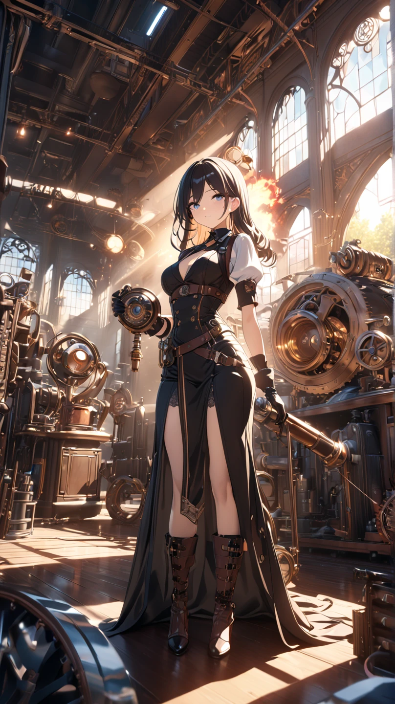 Steampunk-inspired machinery and contraptions interacting with interdimensional portals. Blend Victorian aesthetics with the futuristic concept of multiverses and wormholes. large tits