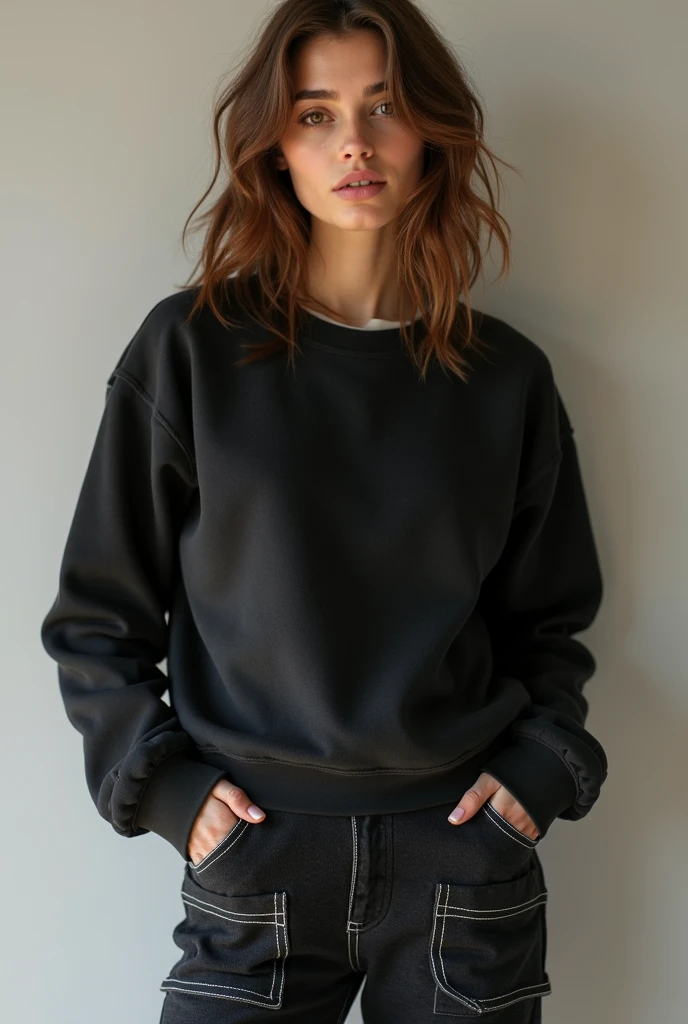 an eye contact of a black haired with braid and dark theme, green eyes, three-quarter body portrait, wearing oversized sweatshirt in beige color, wearing light blue jeans