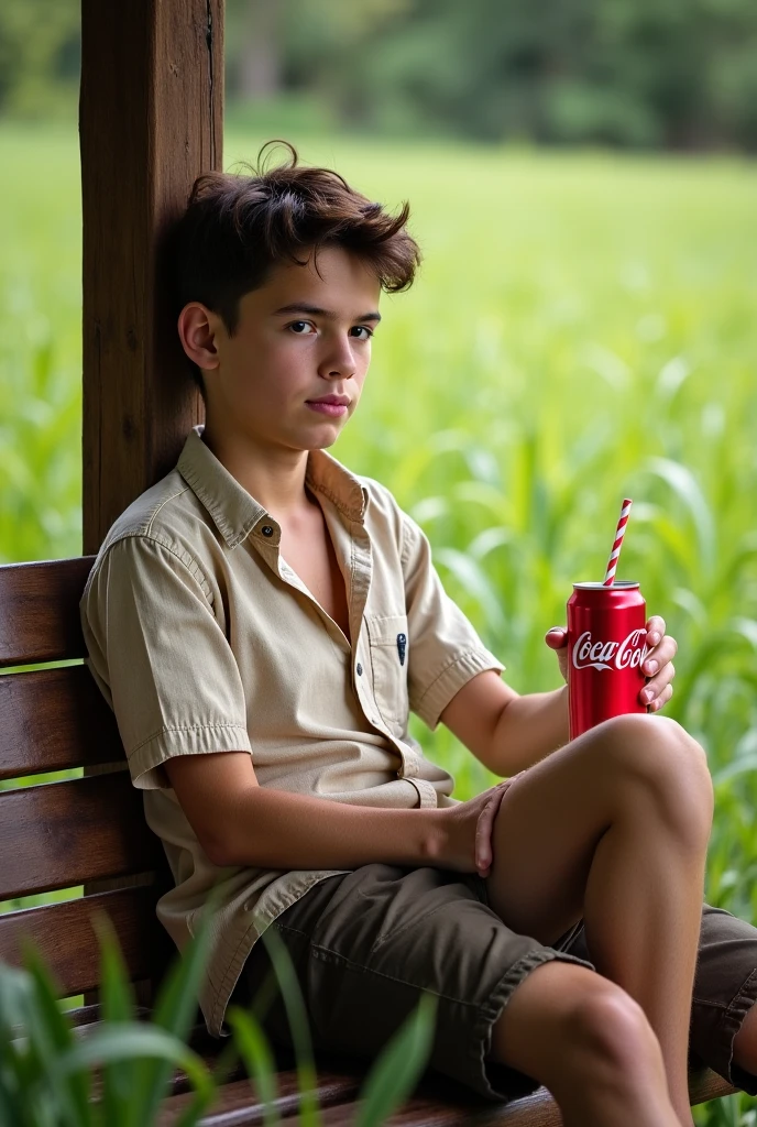 Best quality, offical wallpaper, 1boy, Drink soda in a lemon garden, Realistic, Photorealistic, (EOS R8,50 millimeters,F1.2,8K,RAW photo:1.2), Bokeh,Beach pants,sockes,athletic sneakers