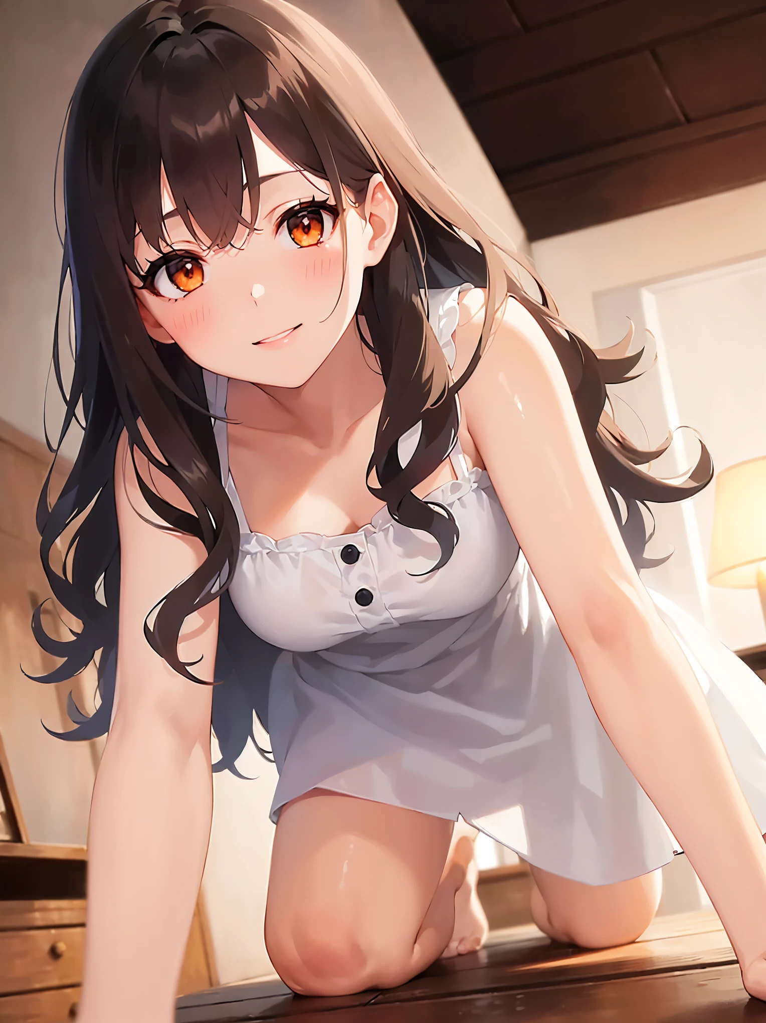 (((masterpiece: 1.5, best quality, high resolution: 1.3, super resolution, super detailed, ultra detailed:1.3, rich background:1.2))), shiina mahiru, yellow eyes, floating hair, very long hair, blunt bangs, cute hairpin, chocker, lingerie, bra, navel, panties, looking at viewer, light particles, collarbone, strap slip, closed mouth, indoors, jewelry, sleeveless, bedroom, sitting on bed, claw pose, paw pose, head tilt, cat ears headband, cleavage, medium breast