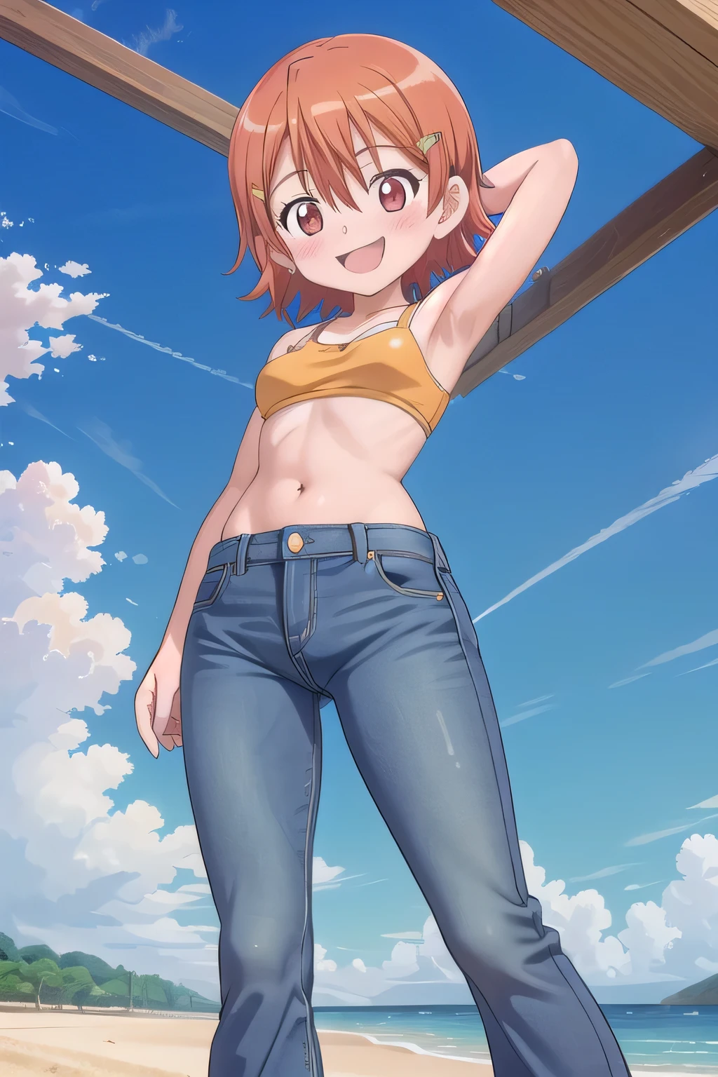 masterpiece,best quality,ultra detail,1girl, 14yo, petite, ((round face, ecstasy, orgasm face, drooping eyes, shame smiling, blush)), dropping eyes, sleepy, background((under the beach, (day:1.2), under sand beach, bright sky)), takenouchi_sora, short hair, orange hair, red eyes, arms behind head, contrapposto, spread armpits, looking at viewer,, Yellow bikini shirt, Yellow crop top, (jeans pants:1.2, flares jeans:1.2, skinny jeans:1.2, blue jeans:1.2), standing, (legs spread:3:1), dynamic pose, Sweaty crotch, Steam from the crotch, from below, full body