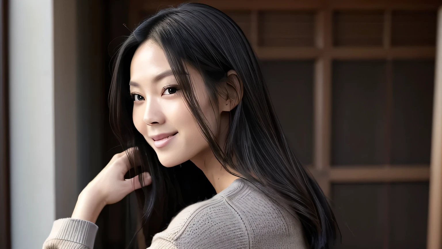 gentle expression Slender Woman Japanese black hair long hair the hair is held together at the back I'm wearing a sweater that looks warm I'm stretching my back with my arms raised He has a shocked look on his face. sunshine