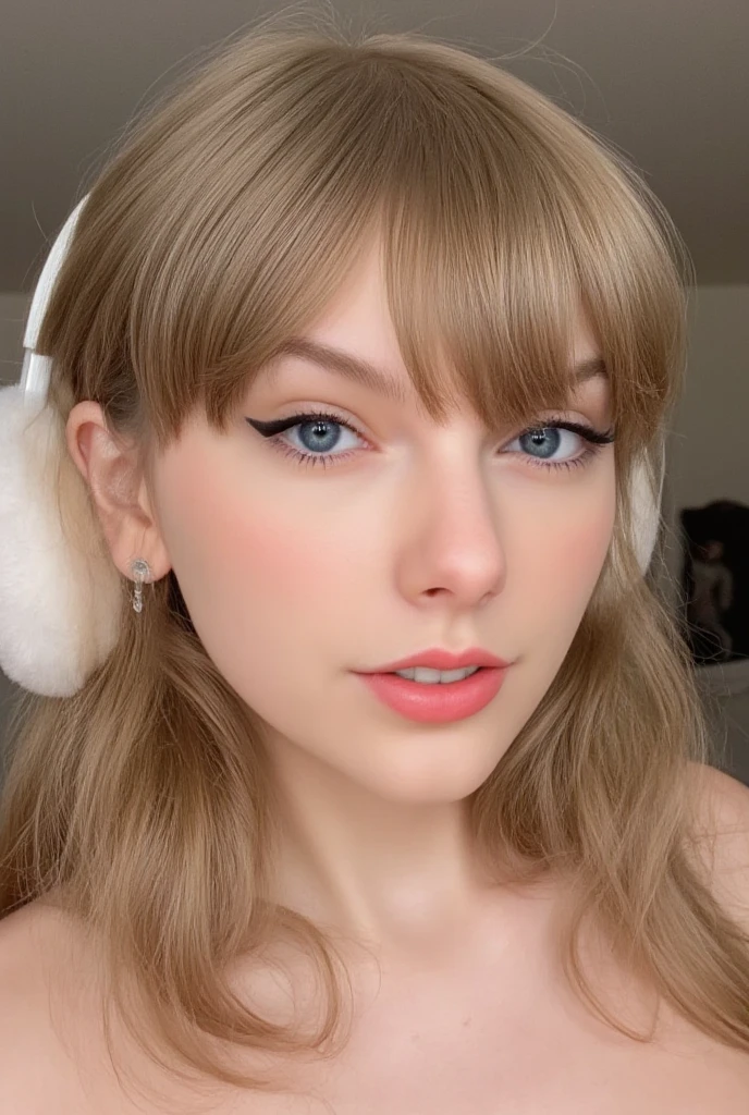 selfie of a 1 girl. Taylor swift, She has natural makeup, blue sexy eyes, small perfect nose, teenage face, natural plump lips, wavy long hair, bright hair, bangs, elegant hairstyle, fluffy headphones. No background, natural light, ultrarealistic, texture of skin, bright white skin, photo from elbows to the top of head, bare shoulders, delicate smile, passport like, looking into camera, straight pose, smile.