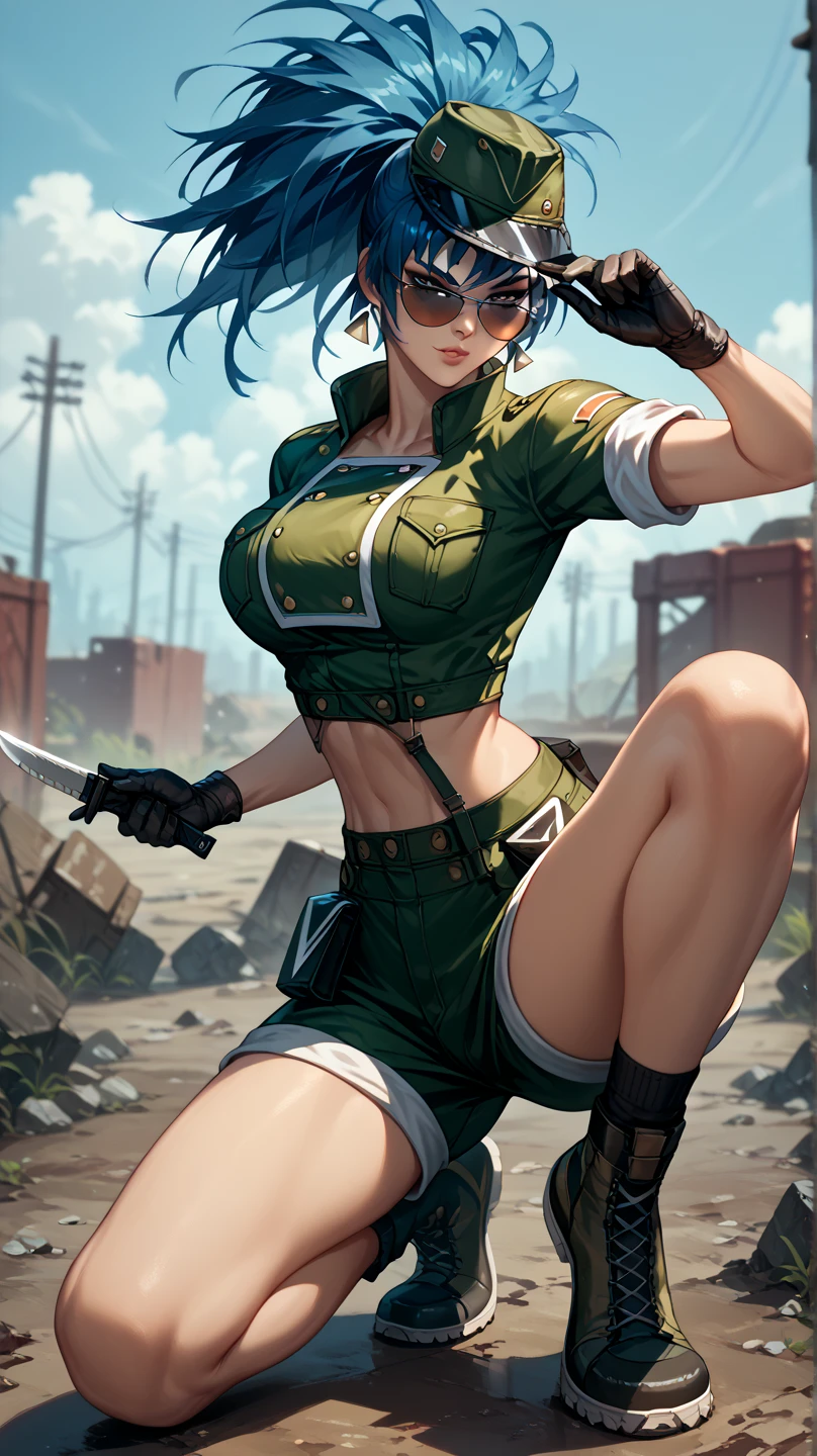 Sexy leona heidern,  Dark blue hair , triangle earrings,   on a wasteland, pose sexy, wearing military cap ,  with sunglasses,  one knee on the floor ,  with a combat knife in his right hand,