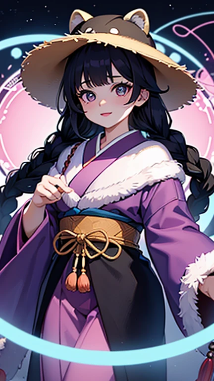 Raccoon dog hat ,long black braids,amber-colored eyes,, pink lips, blue gorgeous Japanese kimono ,fur, with a magic circle floating on his hands,