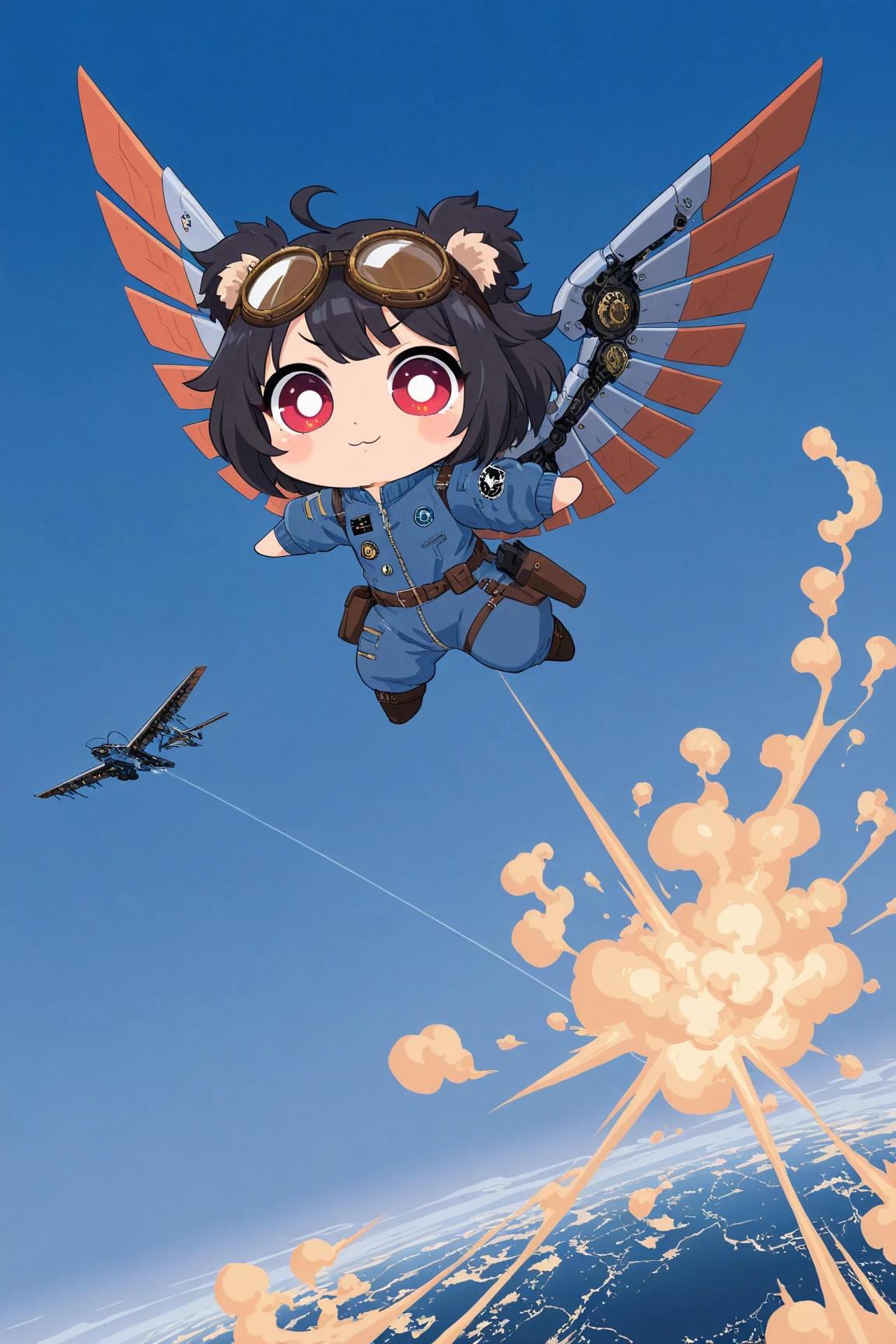 (solo),1girl\(big smile, cute, (chibi:1.3), big eyes, ruby eyes, fluffy Koala ears, hair\(short hair,black hair, (inner colored blue)\), (big wings\(clasical (steam-punk:1.2) mechanical wing\):1.2), (worn-out flight jacket:1.2), jumpsuit, leather short boots, holster at legs, steam-punk goggles, (dynamic pose:1.4),(flying:1.4), at sky high\). dynamic angle, long shot. background\(high altitude sky, futuristic aircrafts, futuristic landscape\)