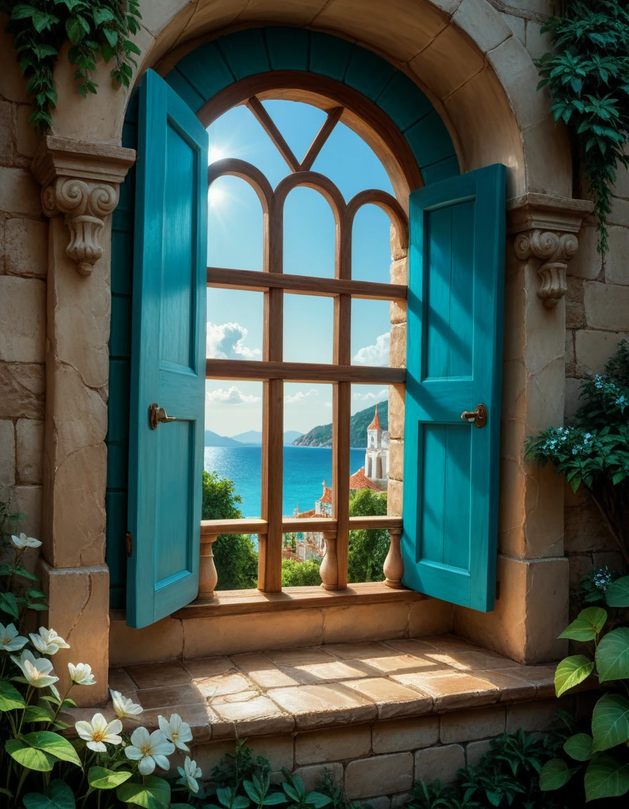 score_9, score_8_up, score_7_up ((view from the window, In the window)) for a picturesque view of Santorini in Greece with its white houses and blue domes, located on a hillside .  The background shows the bright blue sea and the rocky coast .  The architecture is typical of the Greek islands ,  creating an atmosphere of calm and beauty .  Sunlight floods the entire scene ,  emphasizing the brightness of the colors and the purity of the surrounding nature .  a realistic image of ,  masterpiece fails,  artwork ,  hyperrealistic , rendering , realistic physical rendering,  photorealistic rendering ,  highly detailed ,  high-quality render ,  architectural rendering ,  very realistic 3D render ,  a realistic image of , ((HD quality)),  high quality ,  detailed image ((without people))