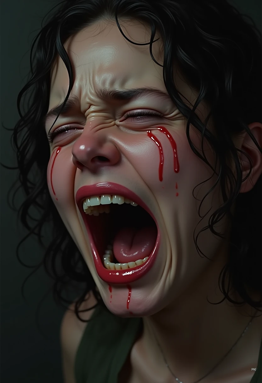 40 year old brunette woman, extremely scared face looking up, being burned alive, tears in her eyes, scenario hell, fire, satan, demons torturing souls.