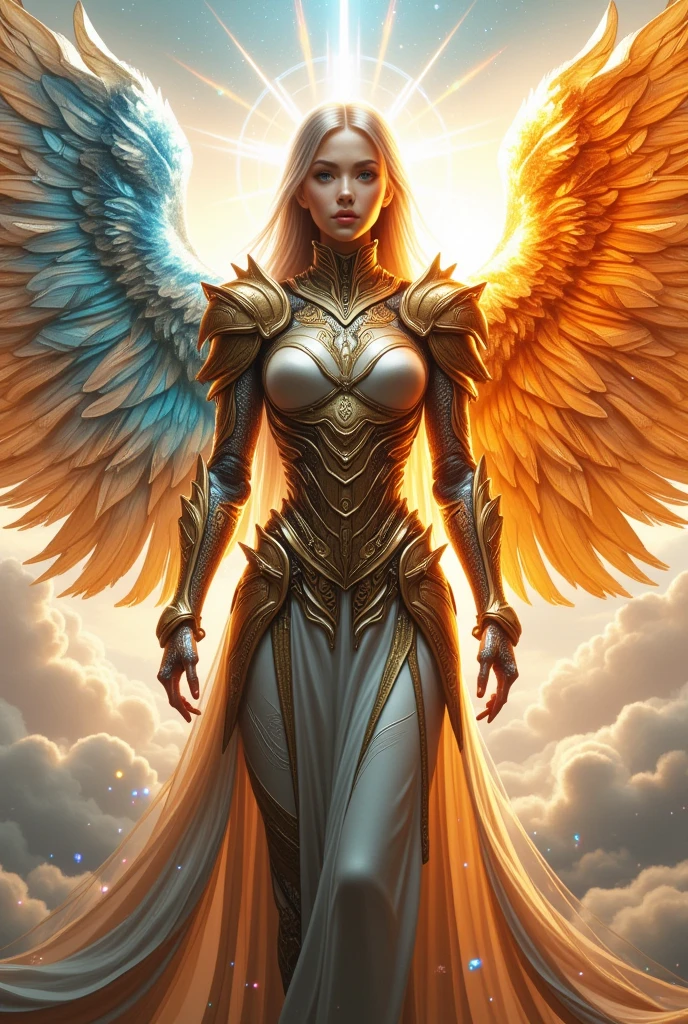 android c 18 as a holy arch angel in beautiful armor and holy magic aura with huge wings, the left wing is water wing and right wing is fire wing