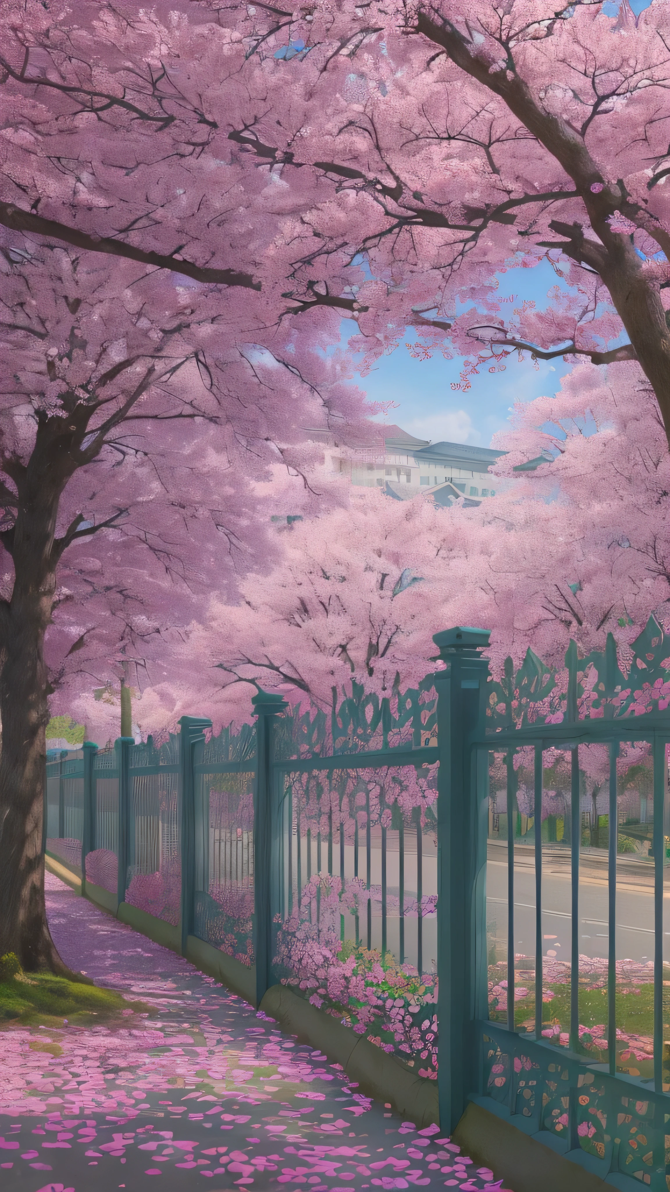 (( Ultra Realistic Details .) (masterpiece, top quality,  top quality ,  Official Art,  Beauty and Aesthetics : 1.2),  very detailed,  colorful ,  most detailed, [branch, building, Barbed wire, cherry blossoms,  fence,  long hair,  outdoor,  petals, landscape,  tree々, null, street, Genuine