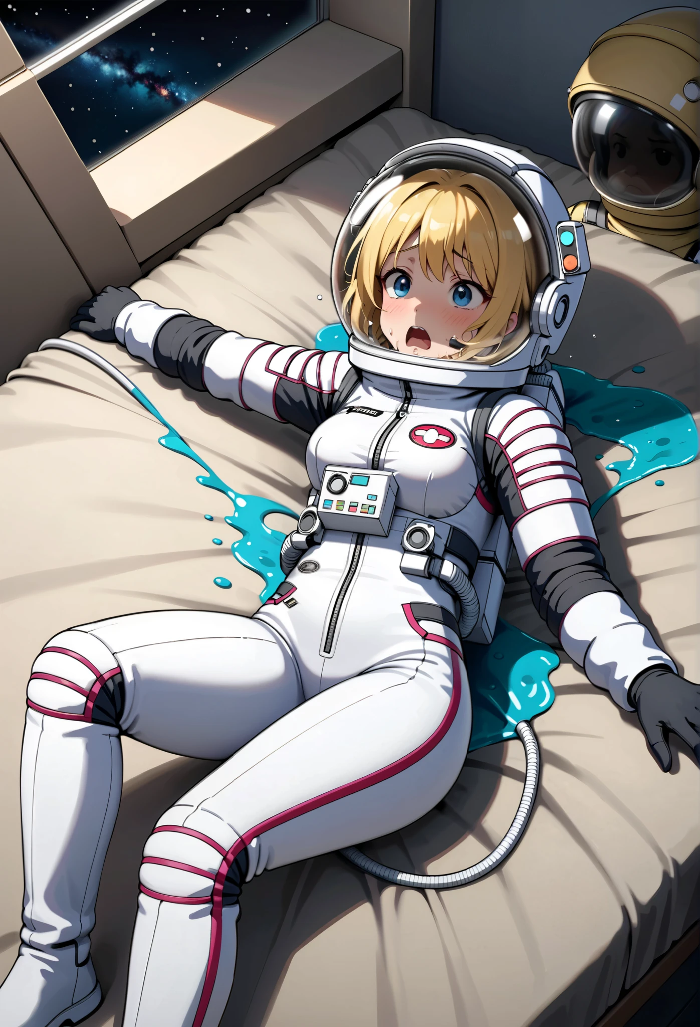 (Space suit:1.15),  White sweatpants , astronaut) Barbruerumetto, space helmet ,  indoor, masterpiece,  top quality , One person, alone, short hair, trembling, Shortness of breath,Spit ，Spit 在头盔里,A lot of water in the helmet ， water is leaking out of the helmet，from above, in bed, Blonde Hair、 Blue Eyes 、 Blush、fear