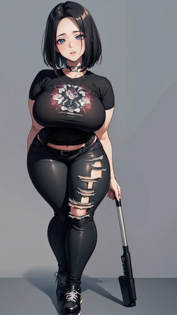 A goth cat wearing a small tight torn croptop, small tight torn jean shorts and fishnets on her arms and legs, long black hair, Giant soft boobs, large soft plump butt and thighs, horny, muscular, big