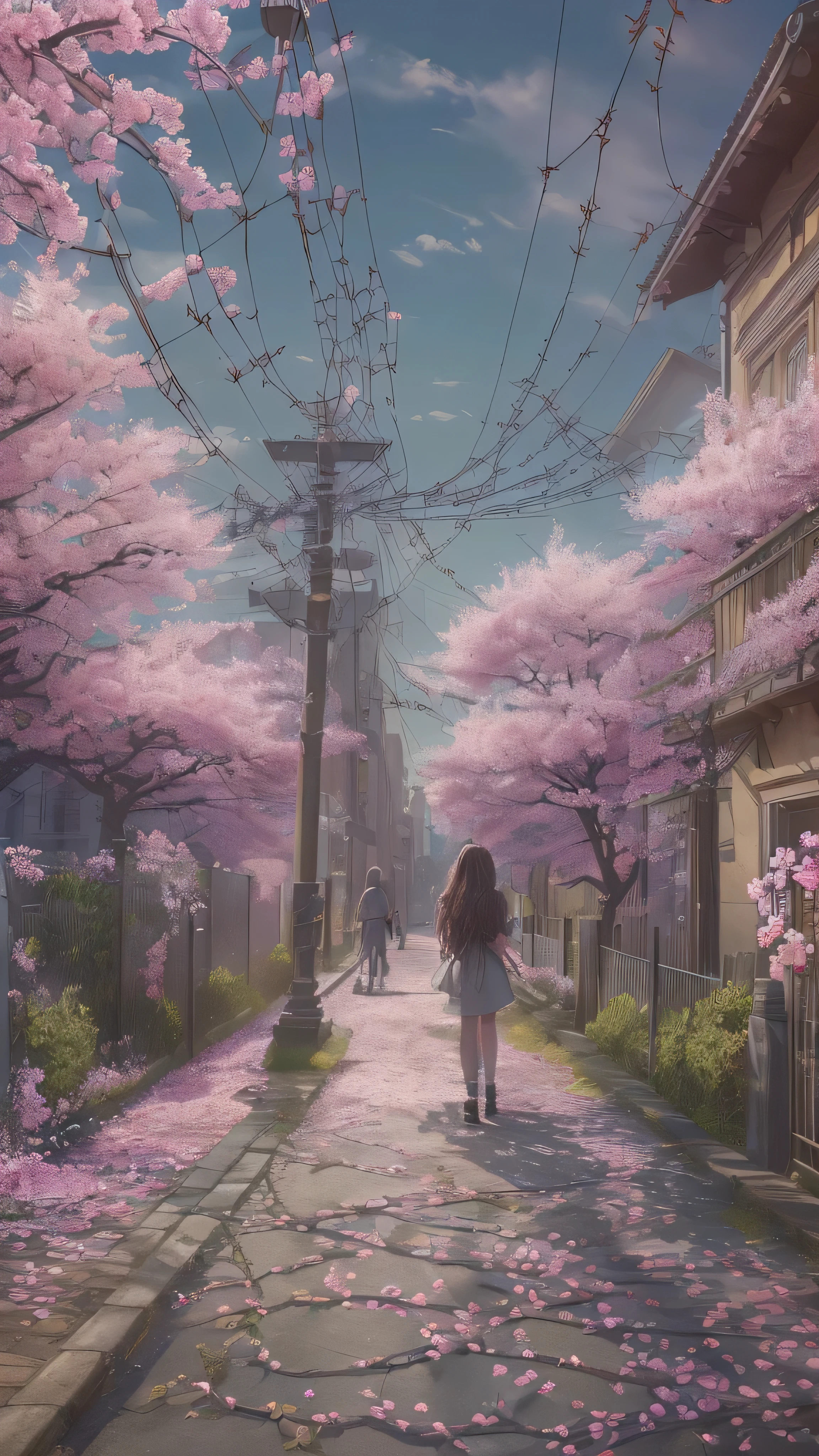 (( Ultra Realistic Details .) (masterpiece, top quality,  top quality ,  Official Art,  Beauty and Aesthetics : 1.2),  very detailed,  colorful ,  most detailed, [branch, building, Barbed wire, cherry blossoms,  fence,  long hair,  outdoor,  petals, landscape,  tree々, null, street, Genuine