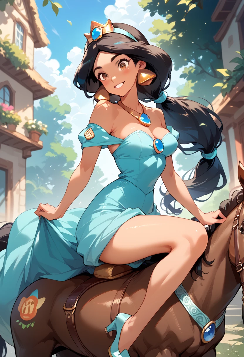 masterpiece, high res, top quality ,8k
(Princess Jasmine,dark skin,brown eyes,black hair)
smile
(riding a horse)