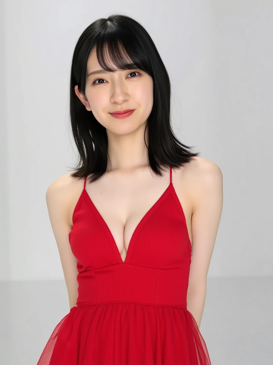 ((( High resolution,top quality, super detailed, Masterpiece , very detailed,realistic,real person,Ultra detailed skin))) ,simple background, from front, medium shot, looking at viewer , light smile, (standing), arms behind back, black hair, medium hair, medium breasts, cleavage, (The dress with a large open chest area, red dress)