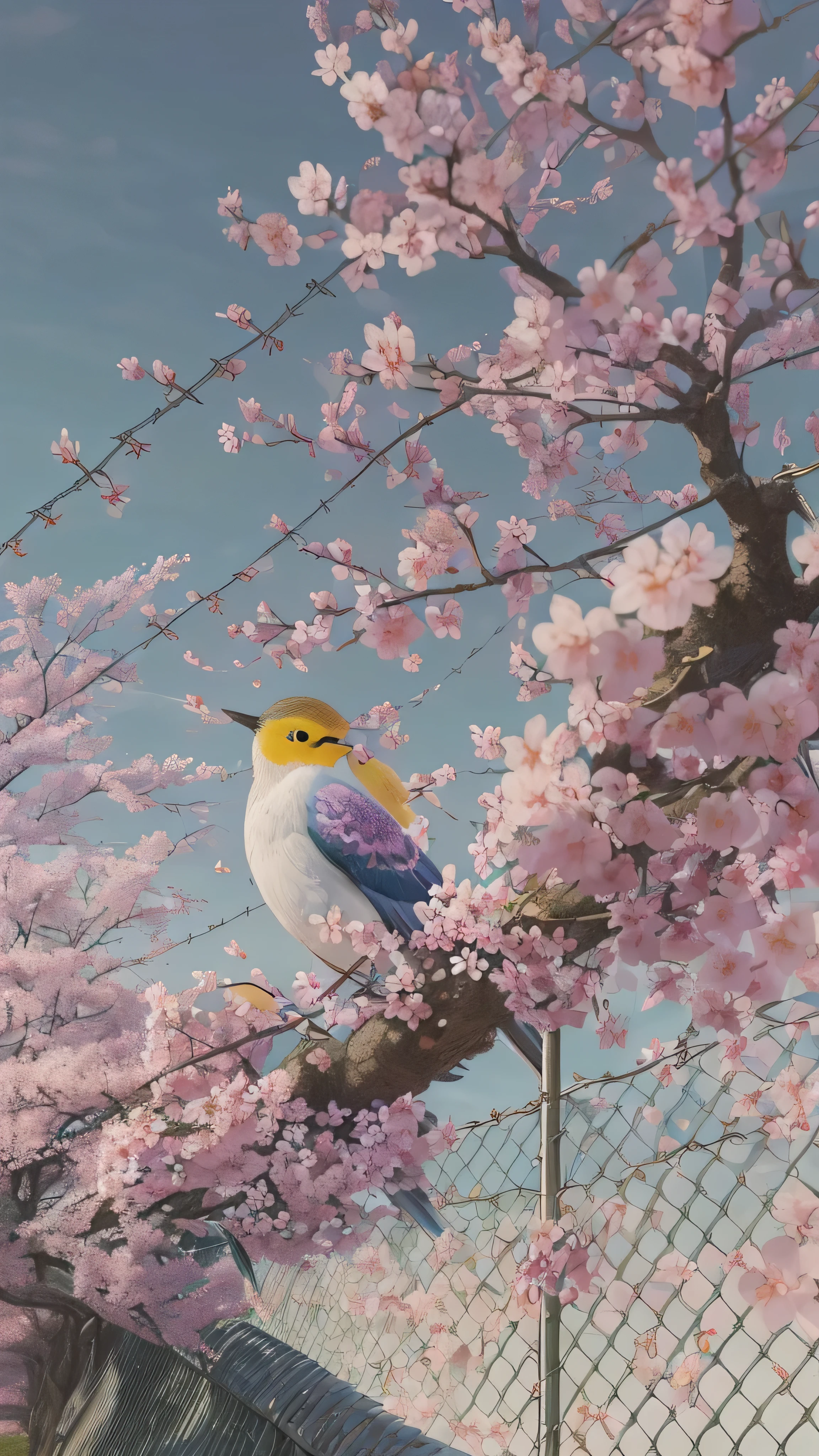 (( Ultra Realistic Details .) (masterpiece, top quality,  top quality ,  Official Art,  Beauty and Aesthetics : 1.2),  very detailed,  colorful ,  most detailed, [branch, building, Barbed wire, cherry blossoms,  fence,  long hair,  outdoor,  petals, landscape,  tree々, null, street, Genuine