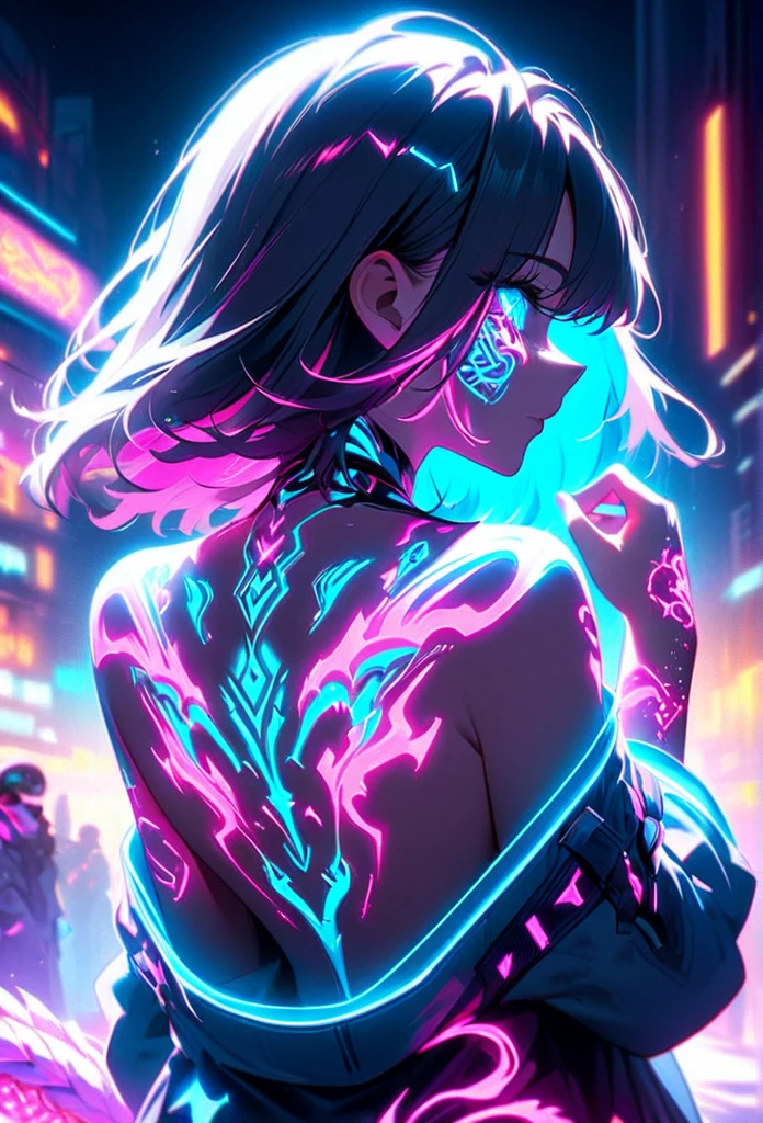  cyberpunk、Artistic animated illustration of a cool girl with thick decorations, Glowing neon dragon tattoos on her body and face、Neon glow、This scene is dreamy , A soft focus effect that accentuates the glow of your tattoo.Glare、Back of the hand、