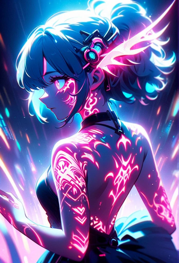  cyberpunk、Artistic animated illustration of a cool girl with thick decorations, Glowing neon dragon tattoos on her body and face、Neon glow、This scene is dreamy , A soft focus effect that accentuates the glow of your tattoo.Glare、Back of the hand、