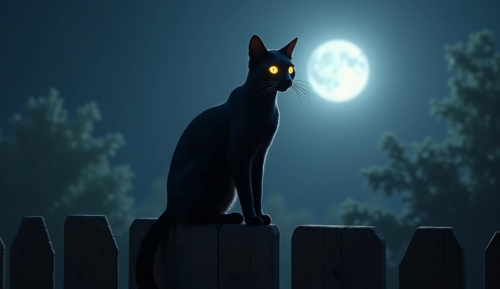 A black cat with glowing yellow eyes , sits on a wooden fence at night ...