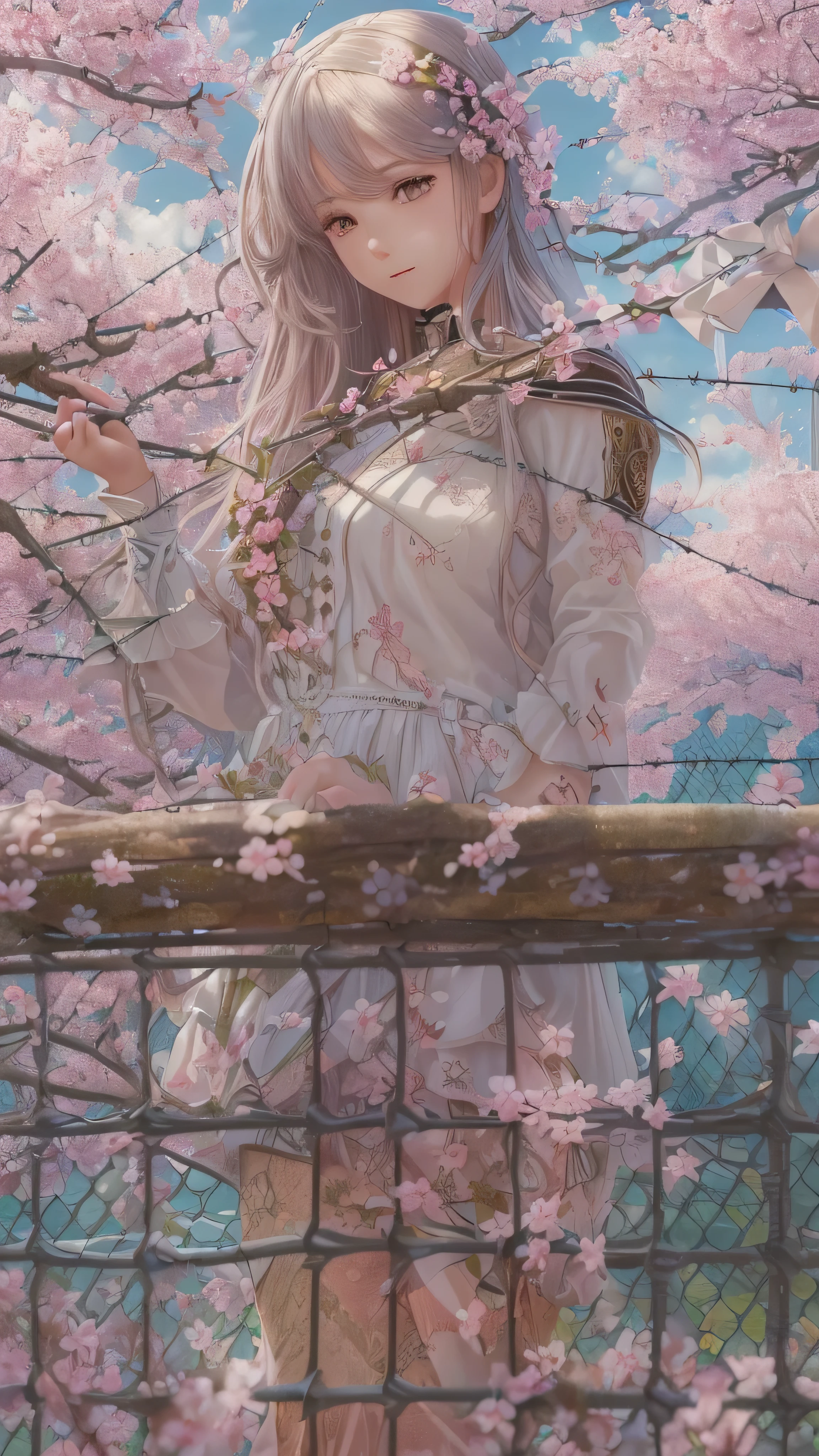 (( Ultra Realistic Details .) (masterpiece, top quality,  top quality ,  Official Art,  Beauty and Aesthetics : 1.2),  very detailed,  colorful ,  most detailed, [branch, building, Barbed wire, cherry blossoms,  fence,  long hair,  outdoor,  petals, landscape,  tree々, null, street, Genuine